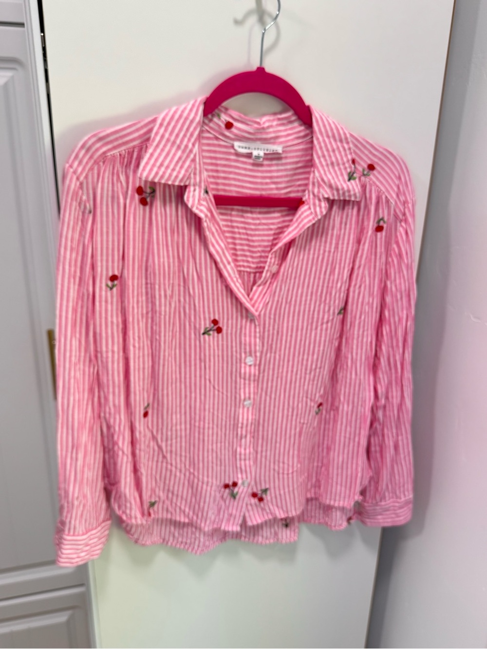 JANE & DELANCEY Pink Striped Button-Down with Cherry Embroidery